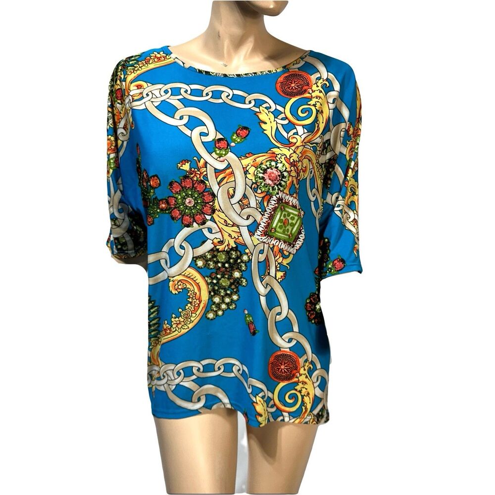 Clara Sun Woo Top Women’s Size M Blue Chainlink Print Pullover Stretch Dolman